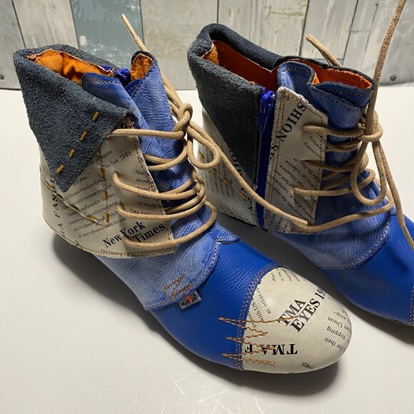Unique Newspaper Print & Blue PU Leather Ankle Boots Size 9 - Picture 2 of 11
